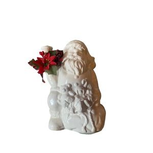 White ceramic Santa St. Nicolas. With greenery. Made in Taiwan